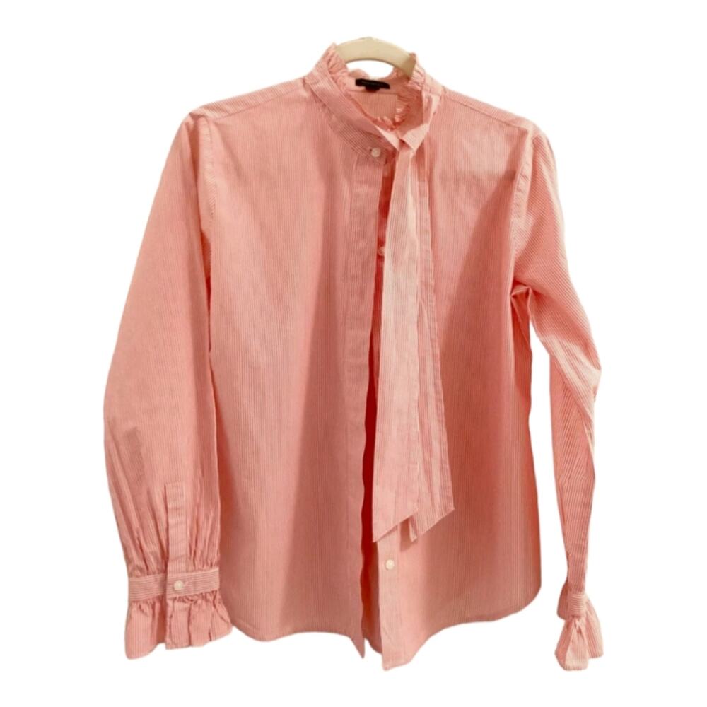 ann taylor pink stripe ruffle tie collar long sleeve button down size M